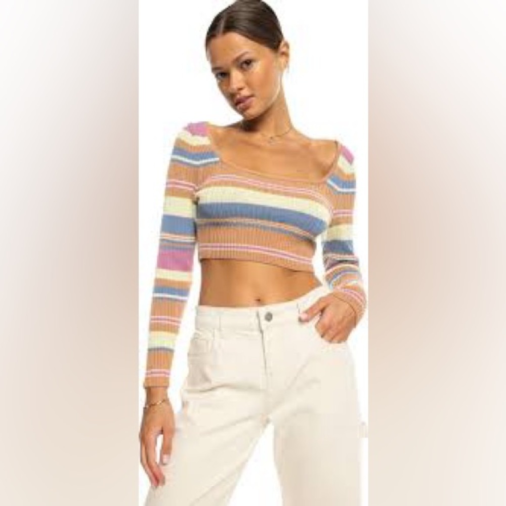 Roxy Sunshine Day Stripe Cotton Crop Sweater Size Small